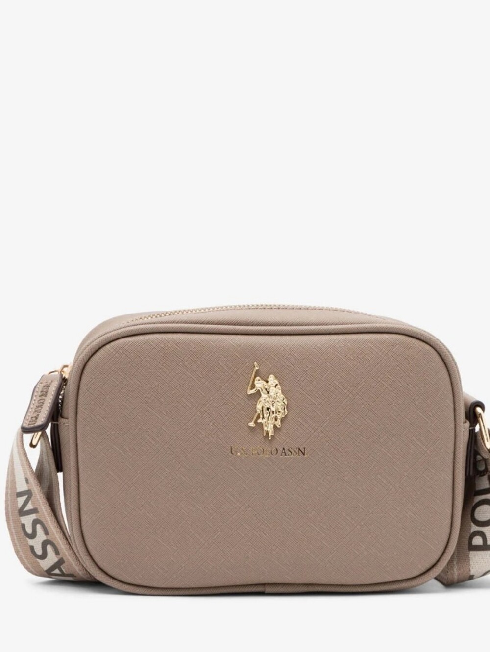 U.S. Polo Assn. Taupe Camera Crossbody with Gold Emblem